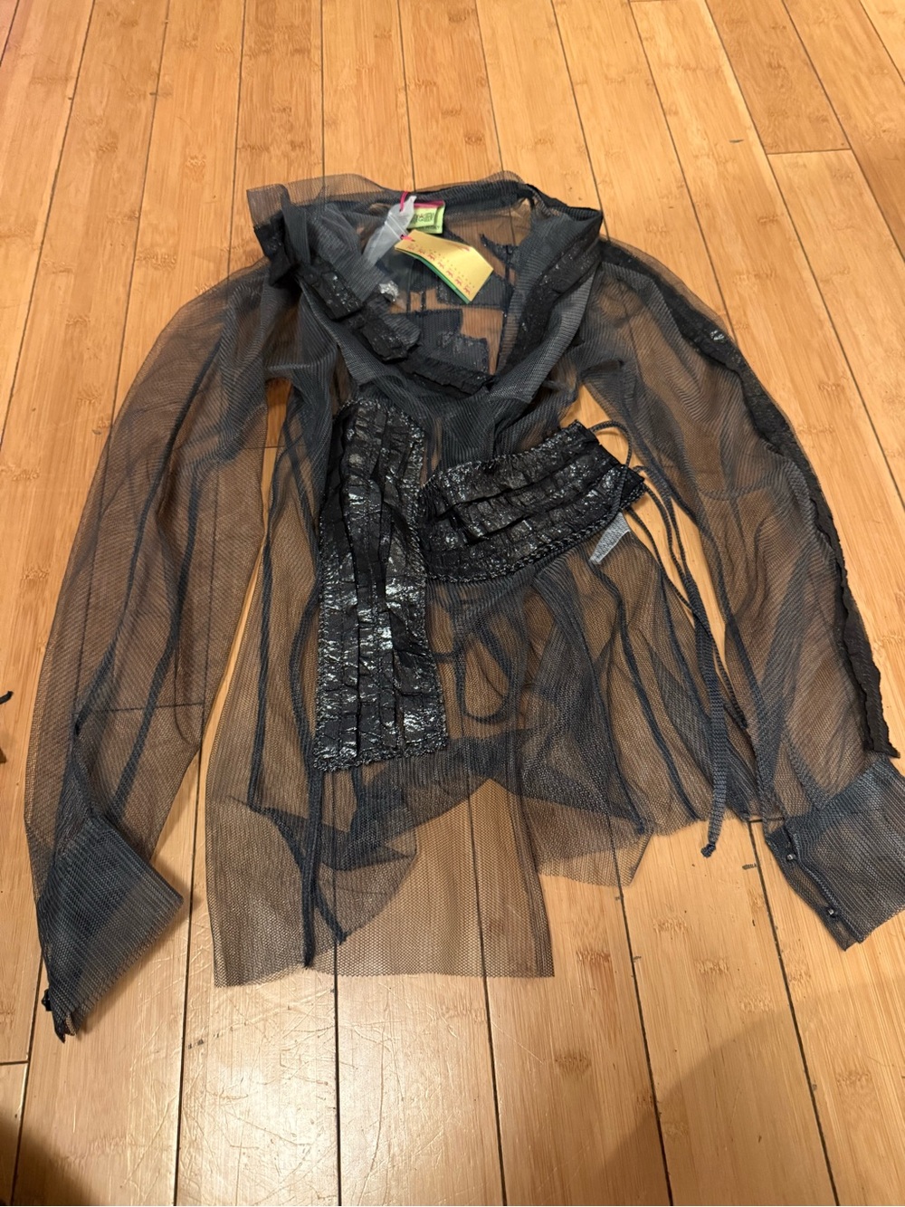 Save The Queen Sheer Black Mesh Long Sleeve Blouse with Textured Accents NWT